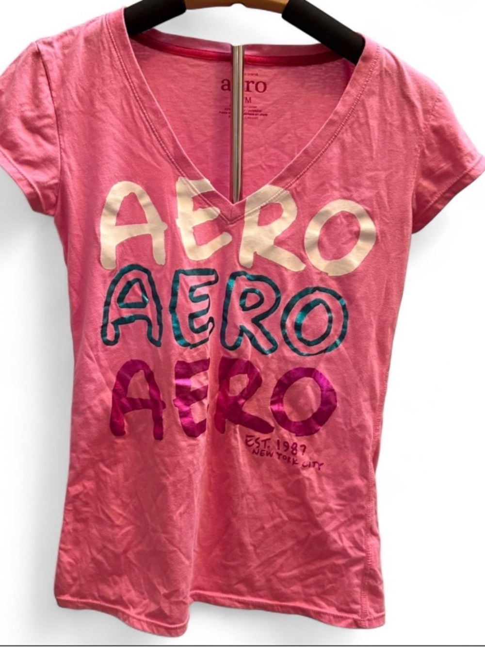 Y2K Aeropostale Pink Short Sleeve V-Neck babyTee with Multicolor AERO Print
